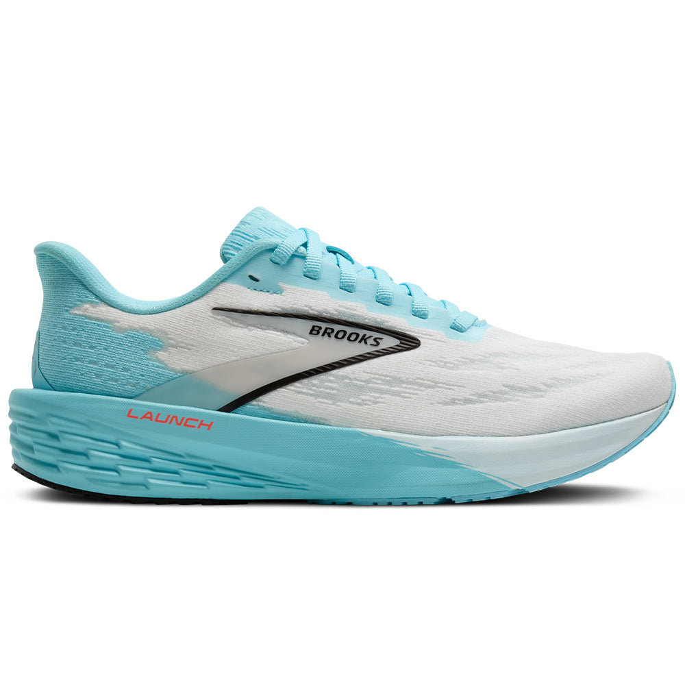 Side view on white background of Mens Brooks Launch running shoe in White/Atomizer/Pink Clay, Medium (Regular) width