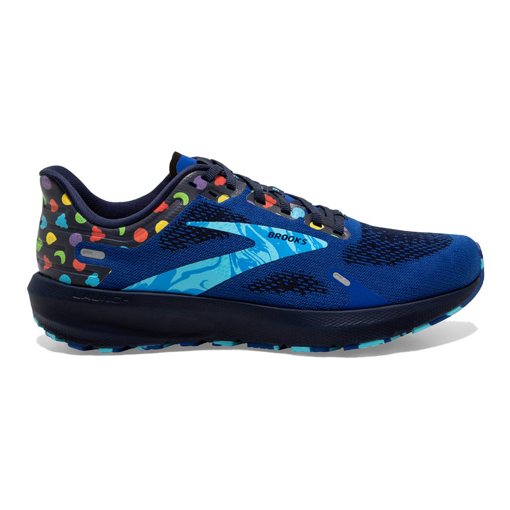 Side view on white background of Mens Brooks Launch running shoe in Blue/Peacoat/Yellow, Medium (Regular) width