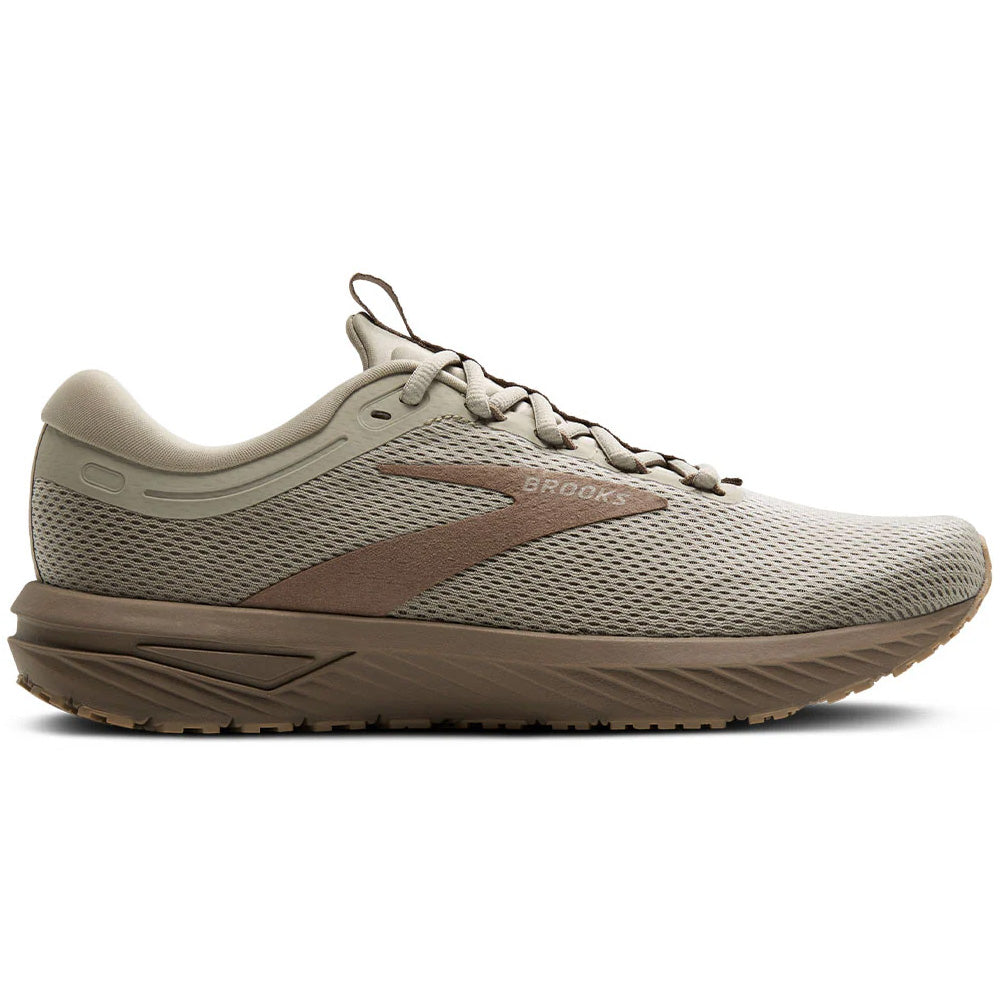Side view on white background of Mens Brooks Revel running shoe in London Fog/Falcon/Almond, Medium (Regular) width