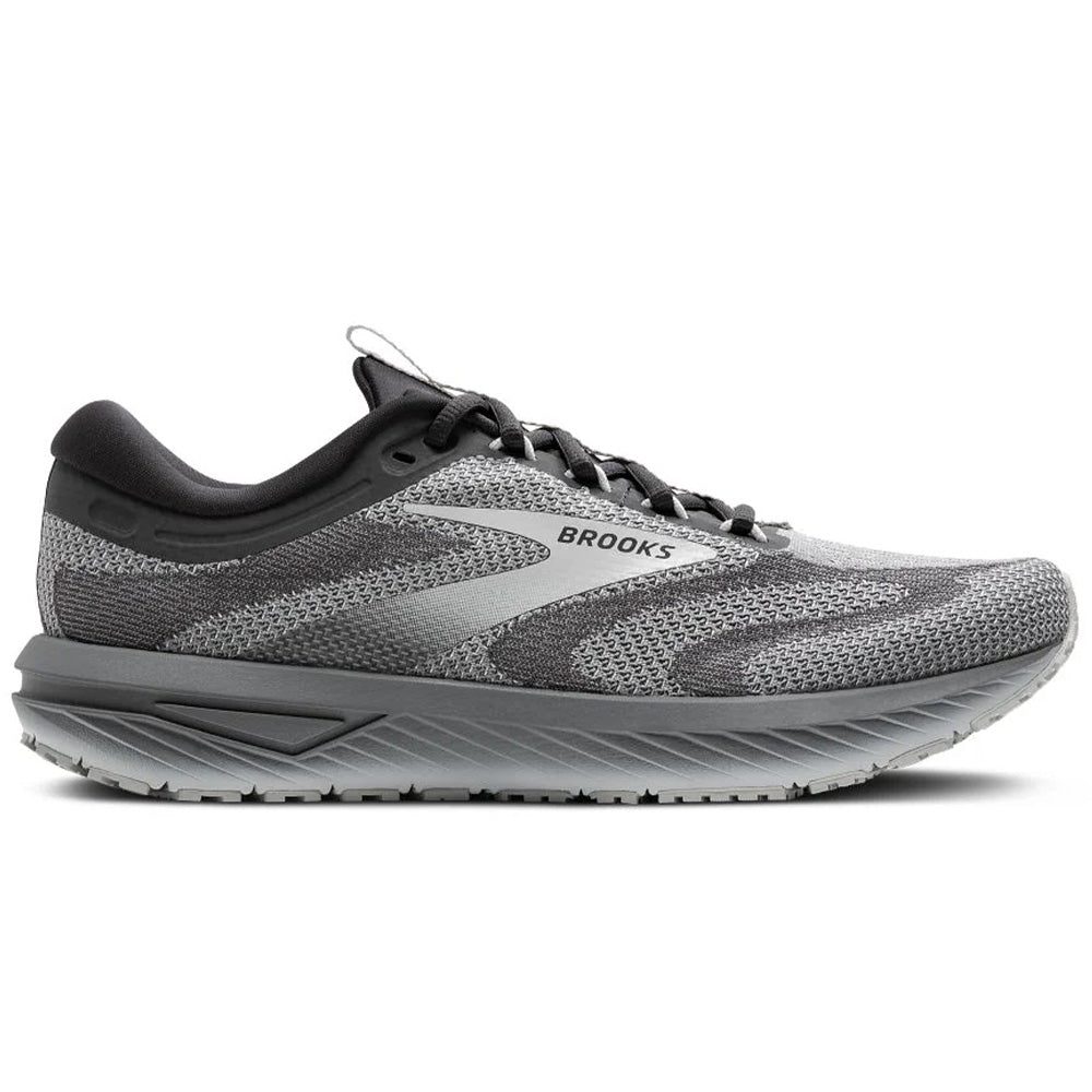 Side view on white background of Mens Brooks Revel running shoe in Primer/Blackened Pearl, Medium (Regular) width