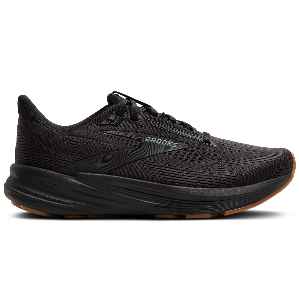 Side view on white background of Mens Brooks Revel running shoe in Black/Black, Medium (Regular) width