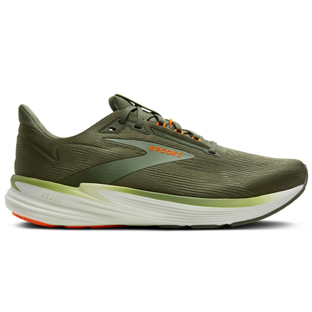 Side view on white background of Mens Brooks Revel running shoe in Olive/Tea/Orange, Medium (Regular) width