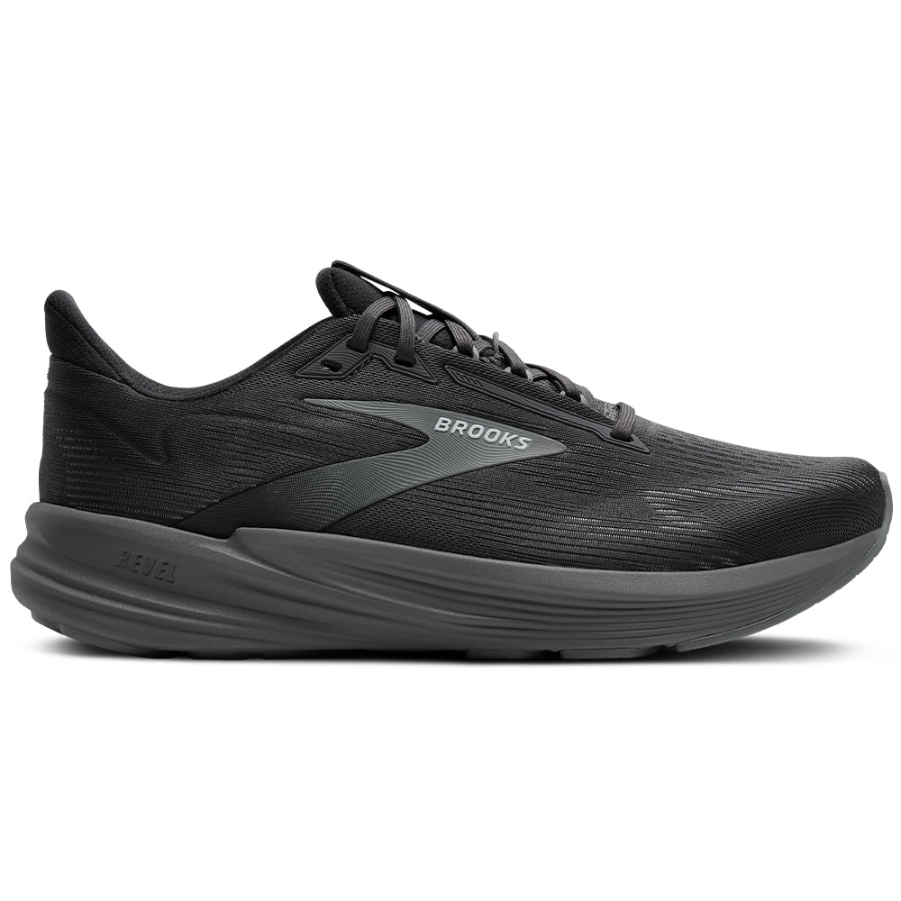 Side view on white background of Mens Brooks Revel running shoe in Primer/Blackened Pearl, Medium (Regular) width