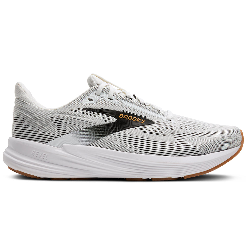 Side view on white background of Mens Brooks Revel running shoe in White/Black/Oak Buff, Medium (Regular) width