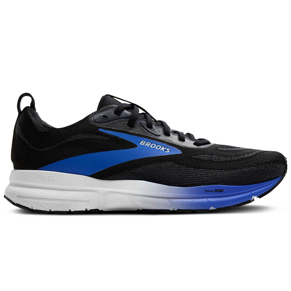 Side view on white background of Mens Brooks Trace running shoe in Black/Cobalt/Limpet, Medium (Regular) width