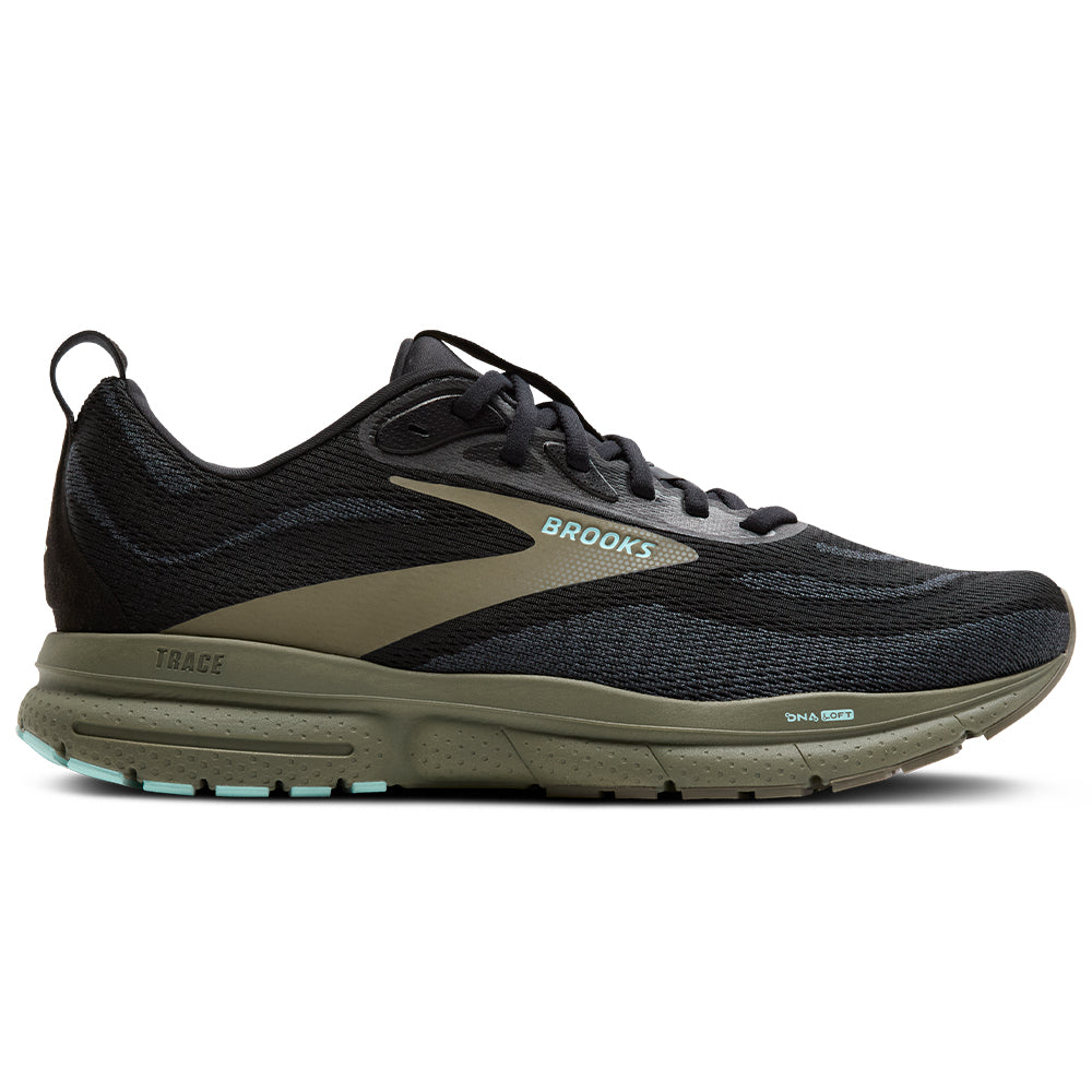 Side view on white background of Mens Brooks Trace running shoe in Black/Ebony/Dusty Olive, Medium (Regular) width