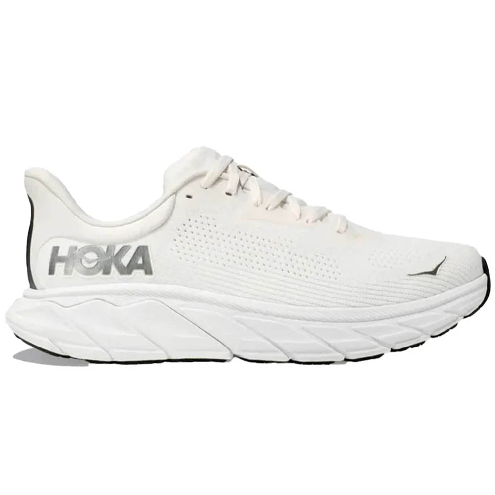 Side view on white background of Mens Hoka Arahi running shoe in Blanc De Blanc/Steel Wool, Medium (Regular) width