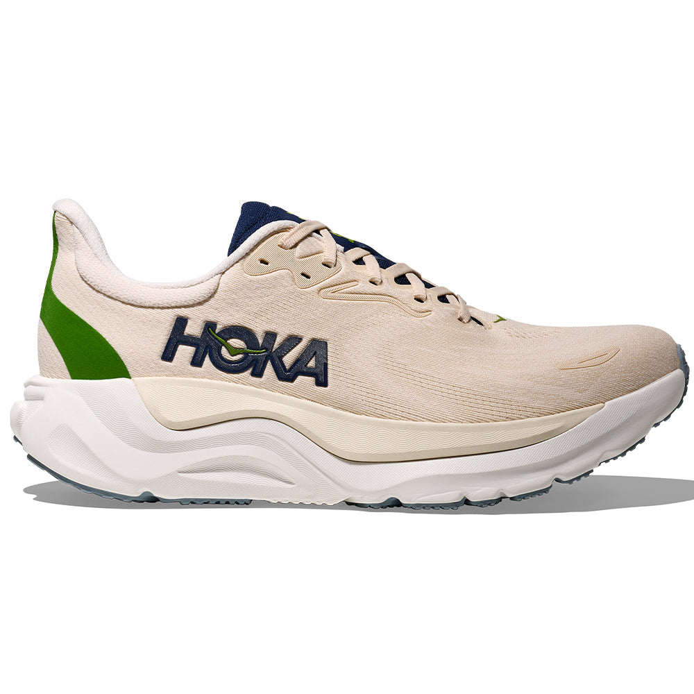 Side view on white background of Mens Hoka Arahi running shoe in Alabaster/Birch, Medium (Regular) width