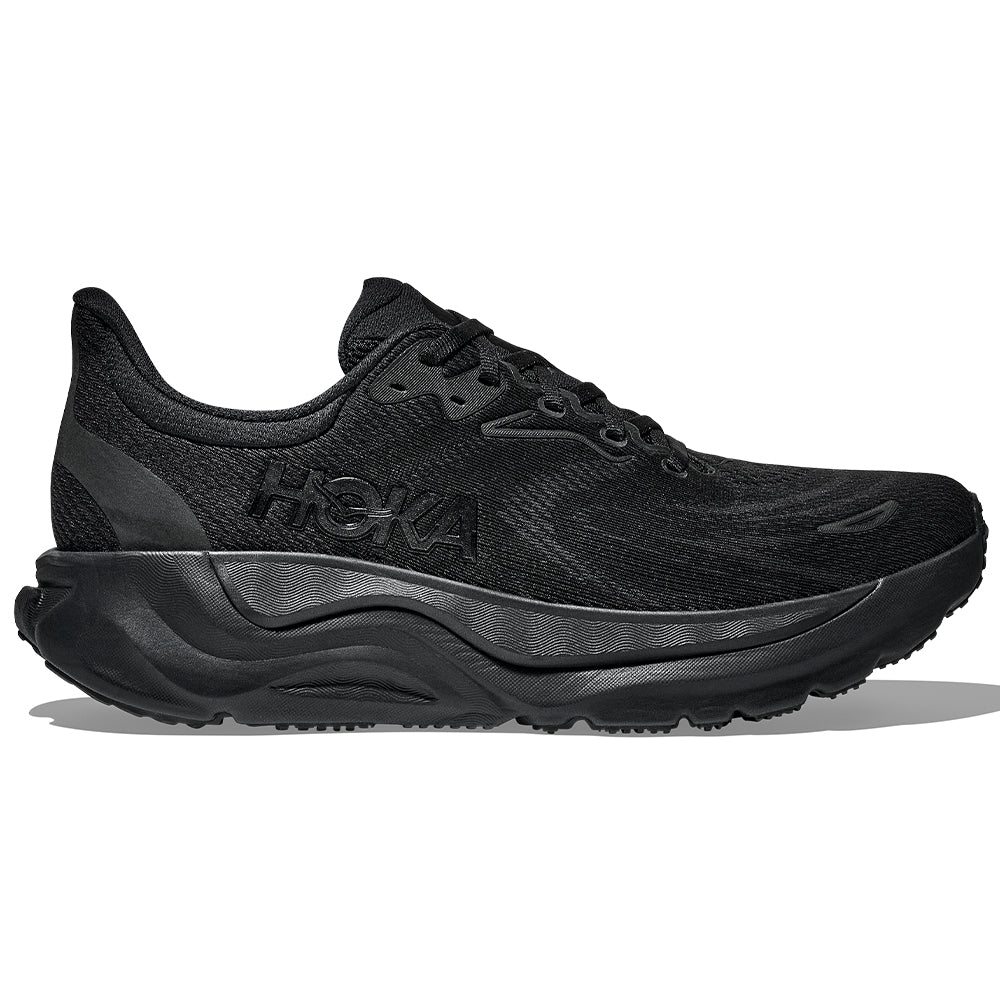 Side view on white background of Mens Hoka Arahi running shoe in Black/Black, Medium (Regular) width
