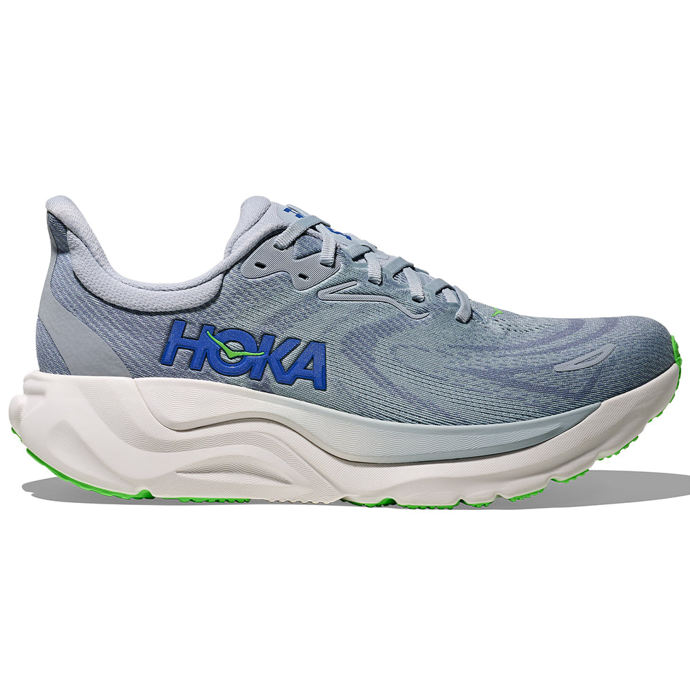 Side view on white background of Mens Hoka Arahi running shoe in Mineral Blue/Washed Blue, Medium (Regular) width