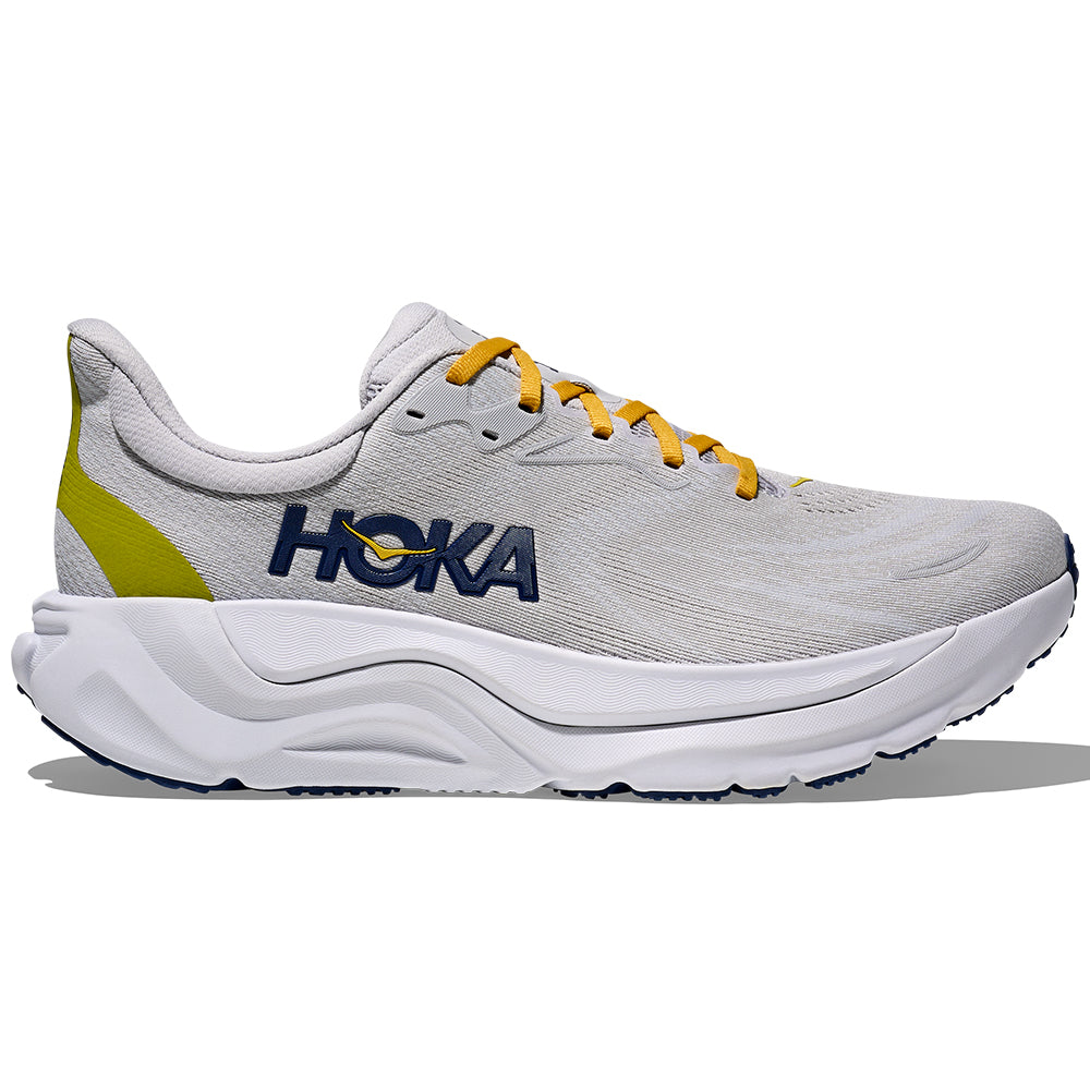 Side view on white background of Mens Hoka Arahi running shoe in Stardust/Cosmic Grey, Medium (Regular) width