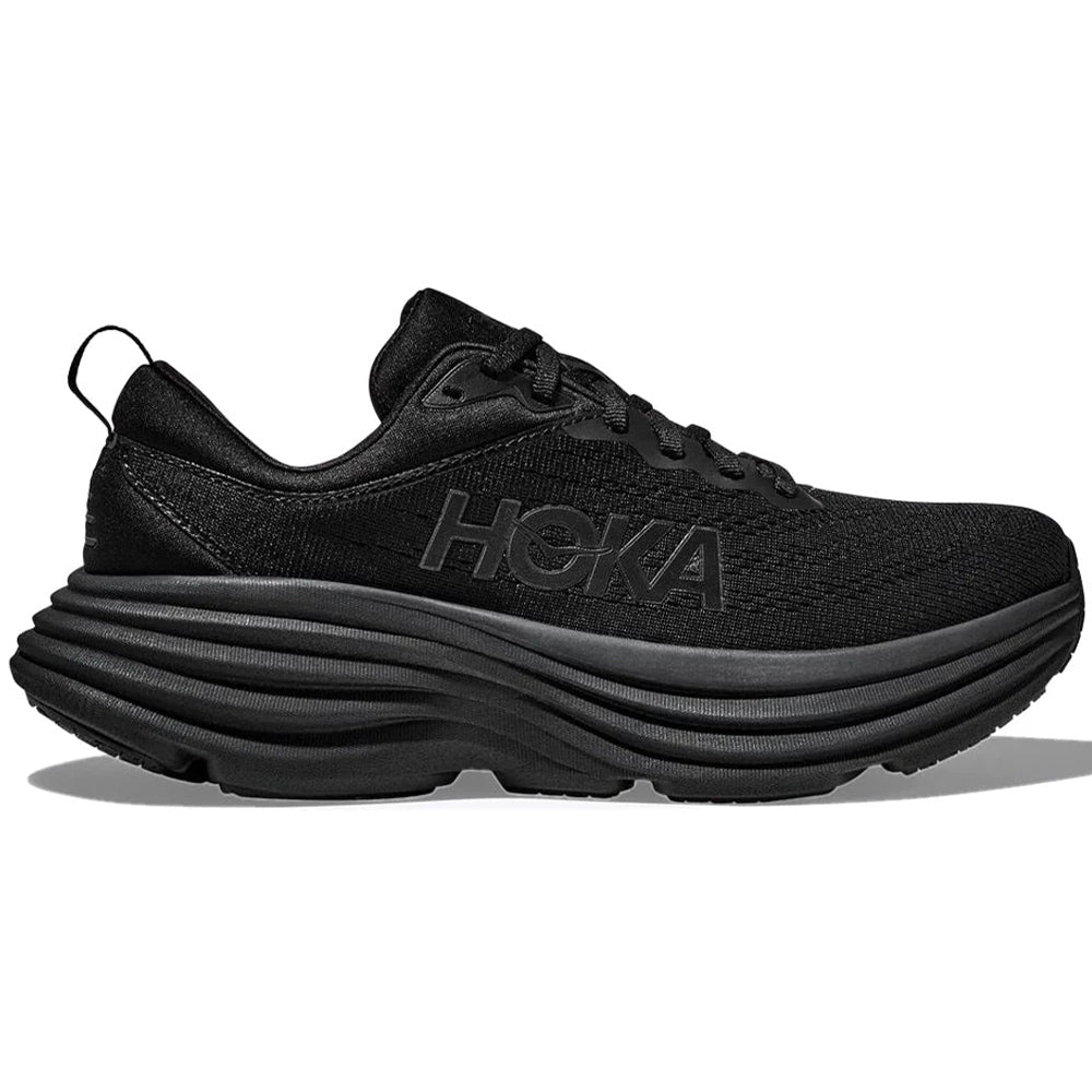 Side view on white background of Mens Hoka Bondi running shoe in Black/Black, Medium (Regular) width