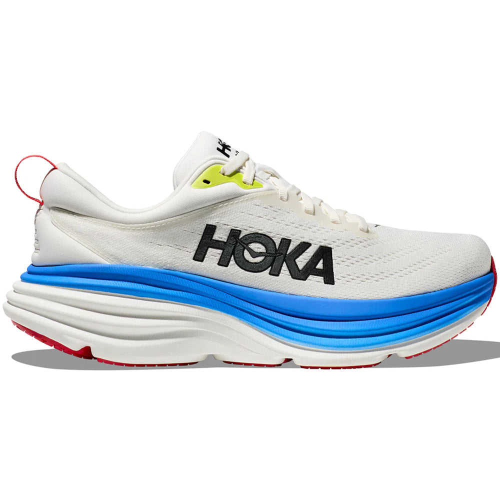 Side view on white background of Mens Hoka Bondi running shoe in Blanc De Blanc/Virtual Blue, Medium (Regular) width