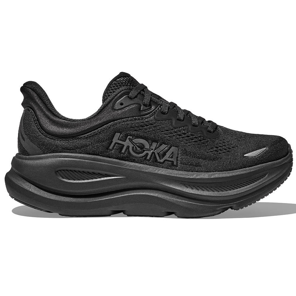 Side view on white background of Mens Hoka Bondi running shoe in Black/Black, Medium (Regular) width
