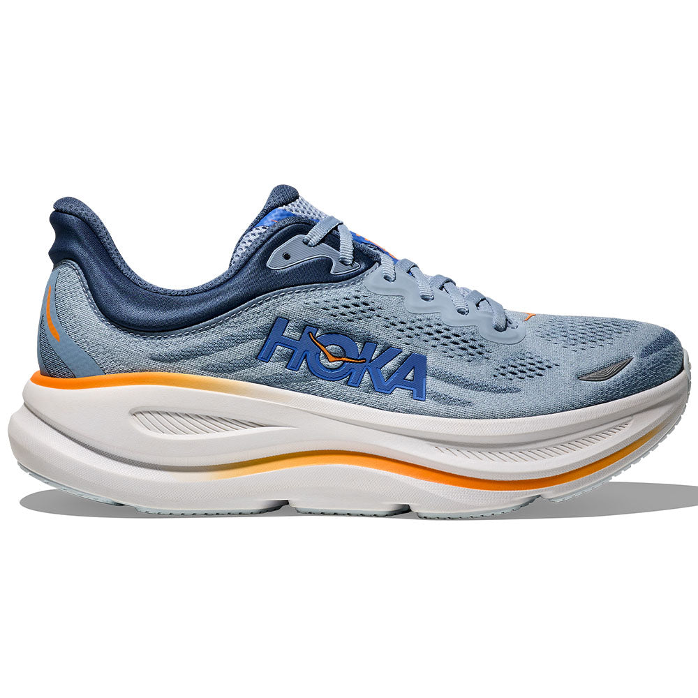 Side view on white background of Mens Hoka Bondi running shoe in Drizzle/Downpour, Medium (Regular) width