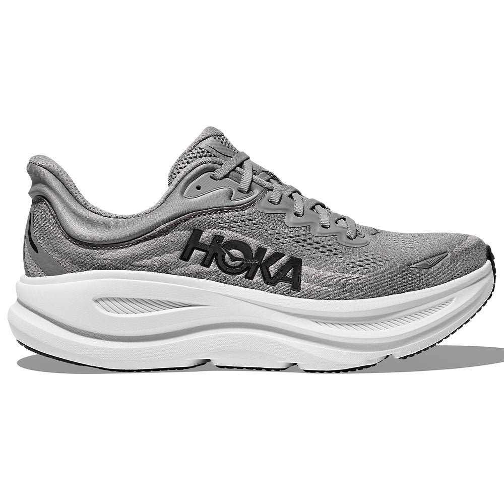 Side view on white background of Mens Hoka Bondi running shoe in Galactic Grey/Stellar Grey, Wide width