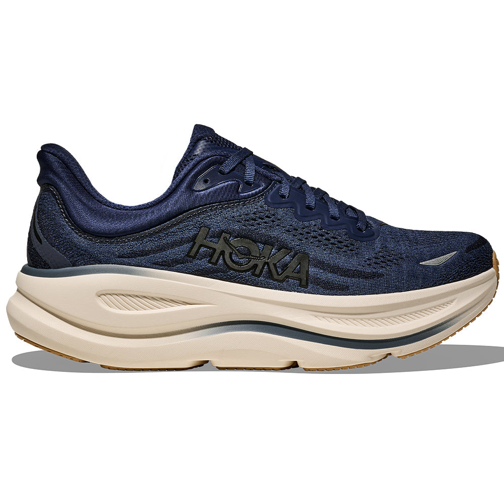 Side view on white background of Mens Hoka Bondi running shoe in Midnight Blue/Varsity Navy, Medium (Regular) width
