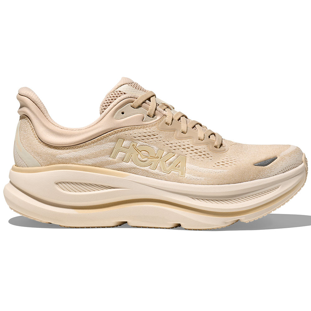 Side view on white background of Mens Hoka Bondi running shoe in Oatmeal/Oat Milk, Medium (Regular) width