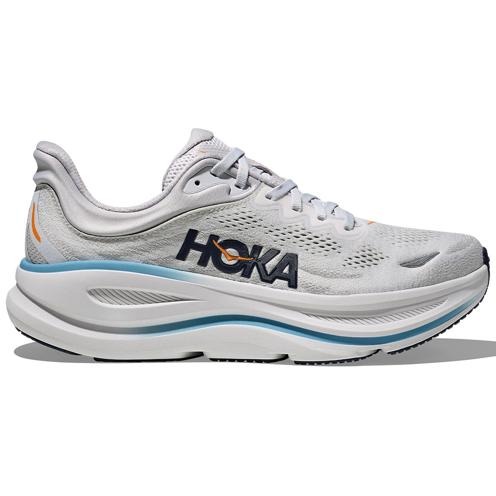 Side view on white background of Mens Hoka Bondi running shoe in Stardust/Cosmic Grey, Medium (Regular) width