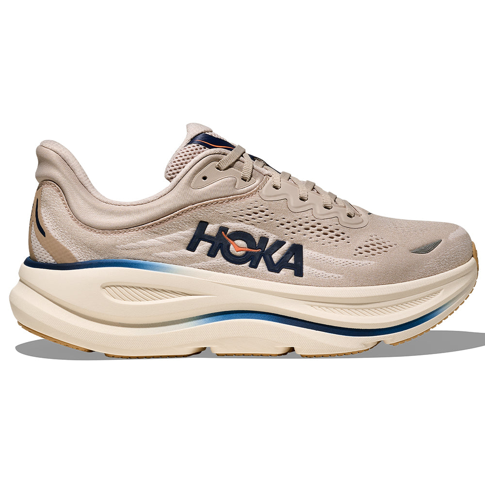 Side view on white background of Mens Hoka Bondi running shoe in Stucco/Grout, Medium (Regular) width
