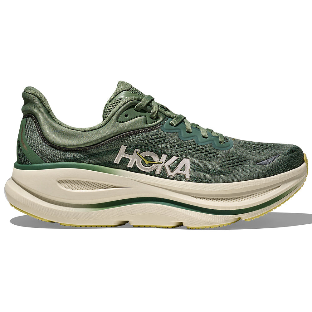 Side view on white background of Mens Hoka Bondi running shoe in Succulent/Fern, Medium (Regular) width