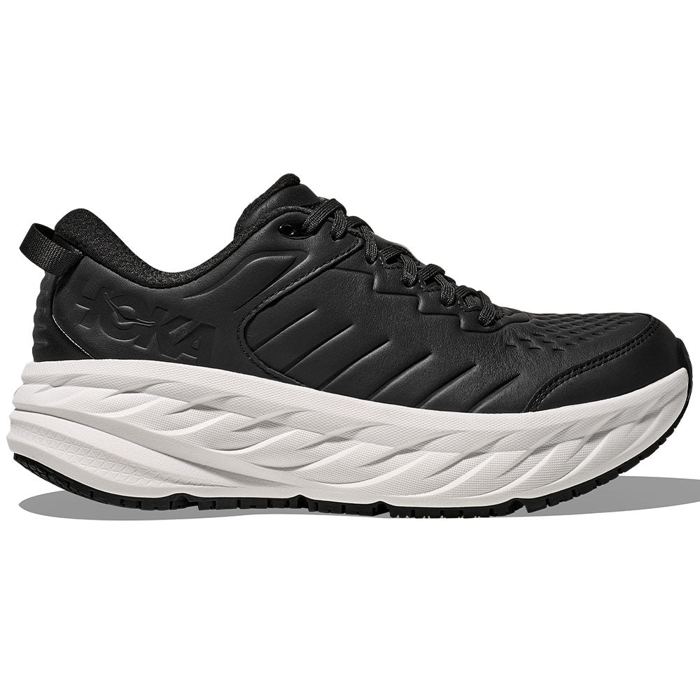 Side view on white background of Mens Hoka Bondi running shoe in Carbon Black/White, Medium (Regular) width