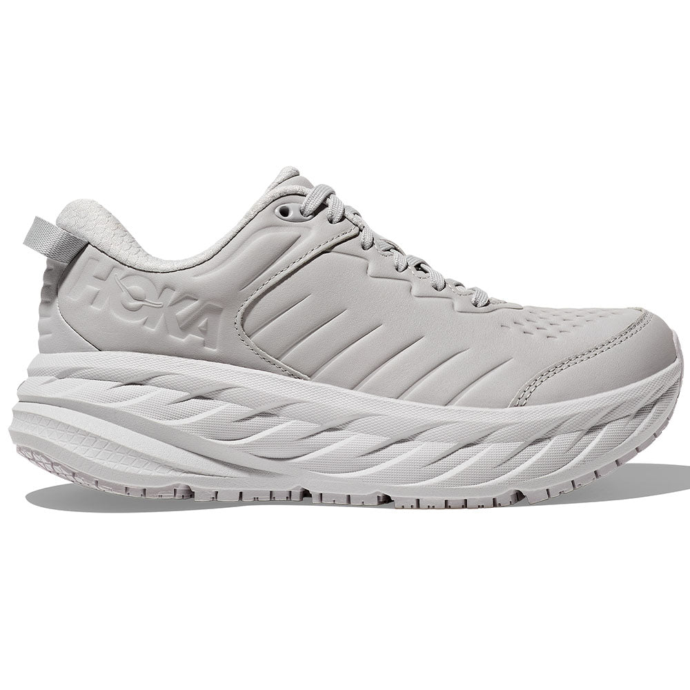 Side view on white background of Mens Hoka Bondi running shoe in Harbor Mist/Lunar Rock, Wide width