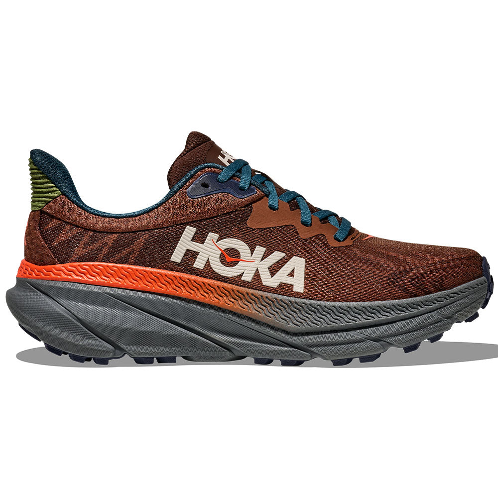 Side view on white background of Mens Hoka Challenger ATR running shoe in Mineral Brown/Asteroid, Medium (Regular) width
