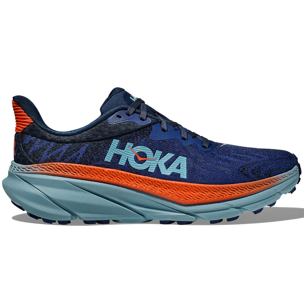 Side view on white background of Mens Hoka Challenger ATR running shoe in Bellwether Blue/Stone Blue, Medium (Regular) width