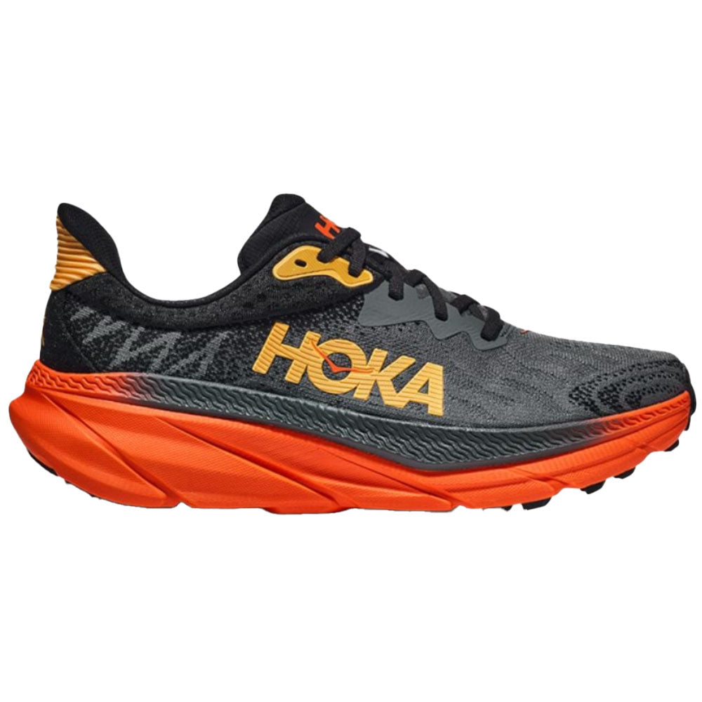 Side view on white background of Mens Hoka Challenger ATR running shoe in Castlerock/Flame, Medium (Regular) width