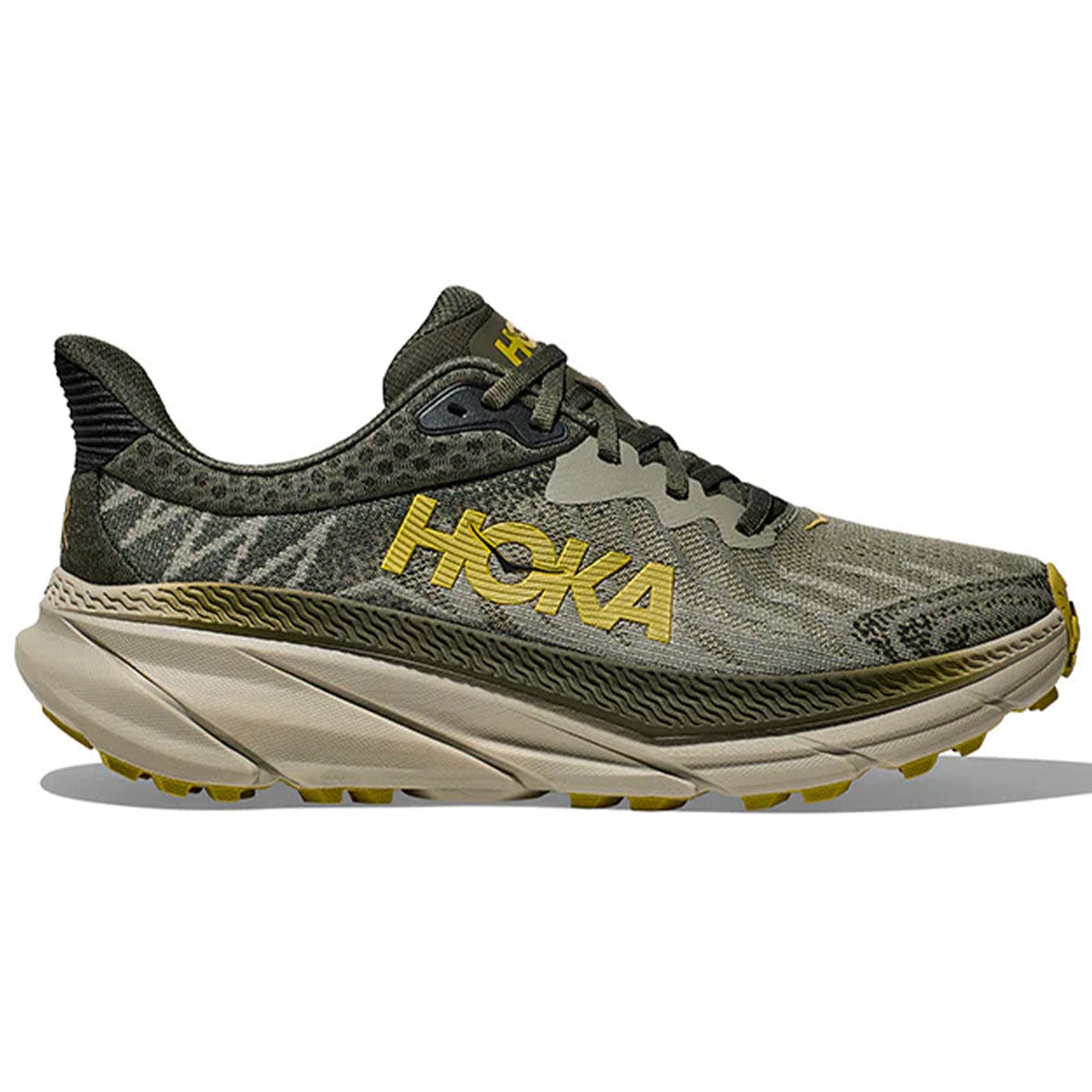 Side view on white background of Mens Hoka Challenger ATR running shoe in Olive Haze/Forest Cover, Medium (Regular) width