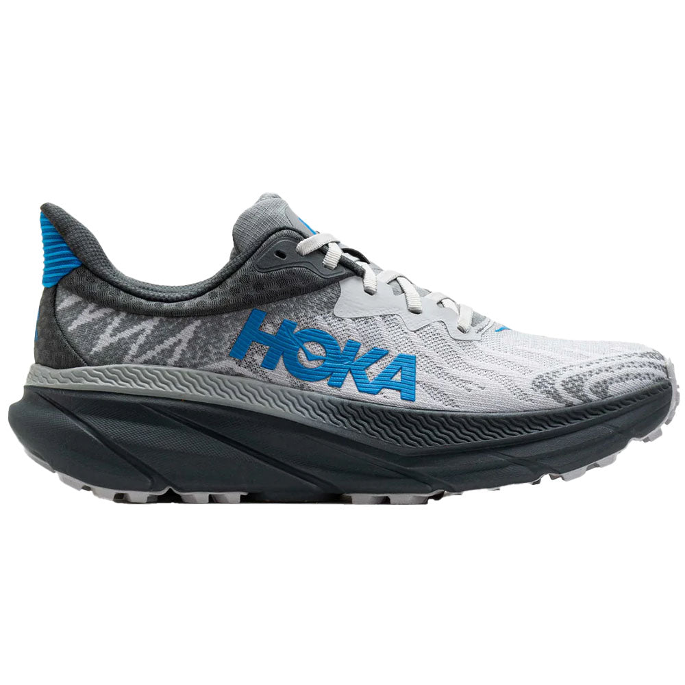 Side view on white background of Mens Hoka Challenger ATR running shoe in Outer Orbit/Hoka Blue, Medium (Regular) width