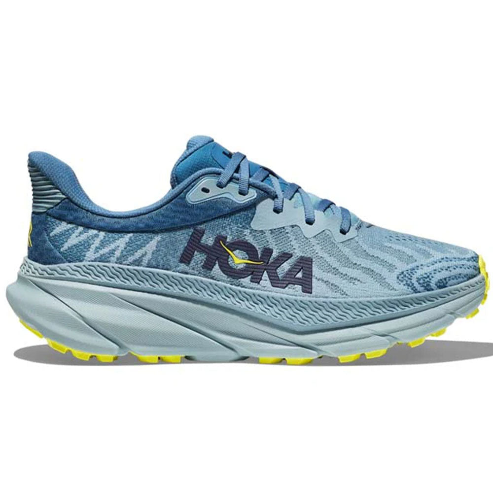 Side view on white background of Mens Hoka Challenger ATR running shoe in Stone Blue/Evening Primrose, Medium (Regular) width