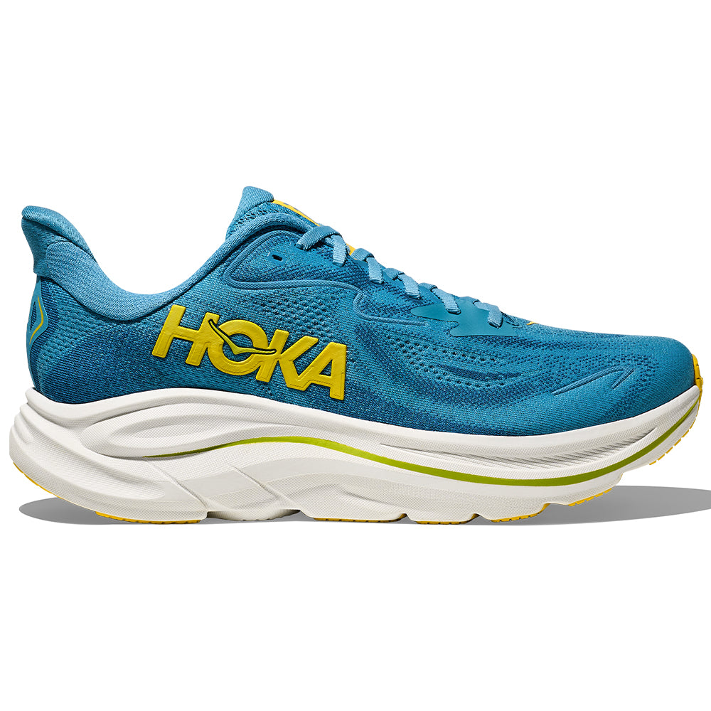 Side view on white background of Mens Hoka Clifton running shoe in Alpine Blue/Foggy Night, Medium (Regular) width