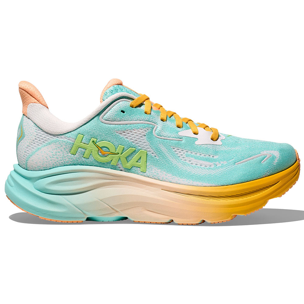 Side view on white background of Mens Hoka Clifton running shoe in Blue Spark/White, Medium (Regular) width