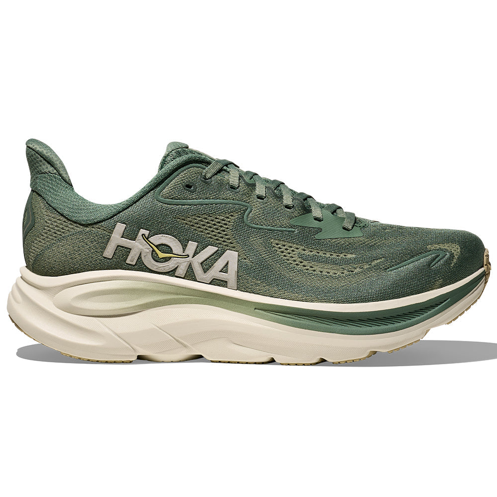Side view on white background of Mens Hoka Clifton running shoe in Fern/Truffle Salt, Medium (Regular) width