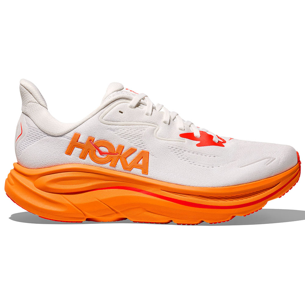 Side view on white background of Mens Hoka Clifton running shoe in Frost/Orange Zest, Medium (Regular) width