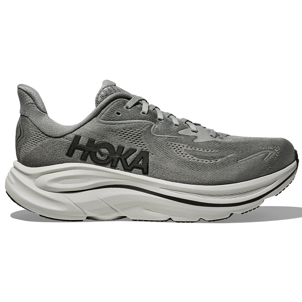 Side view on white background of Mens Hoka Clifton running shoe in Galactic Grey/Asteroid, Medium (Regular) width