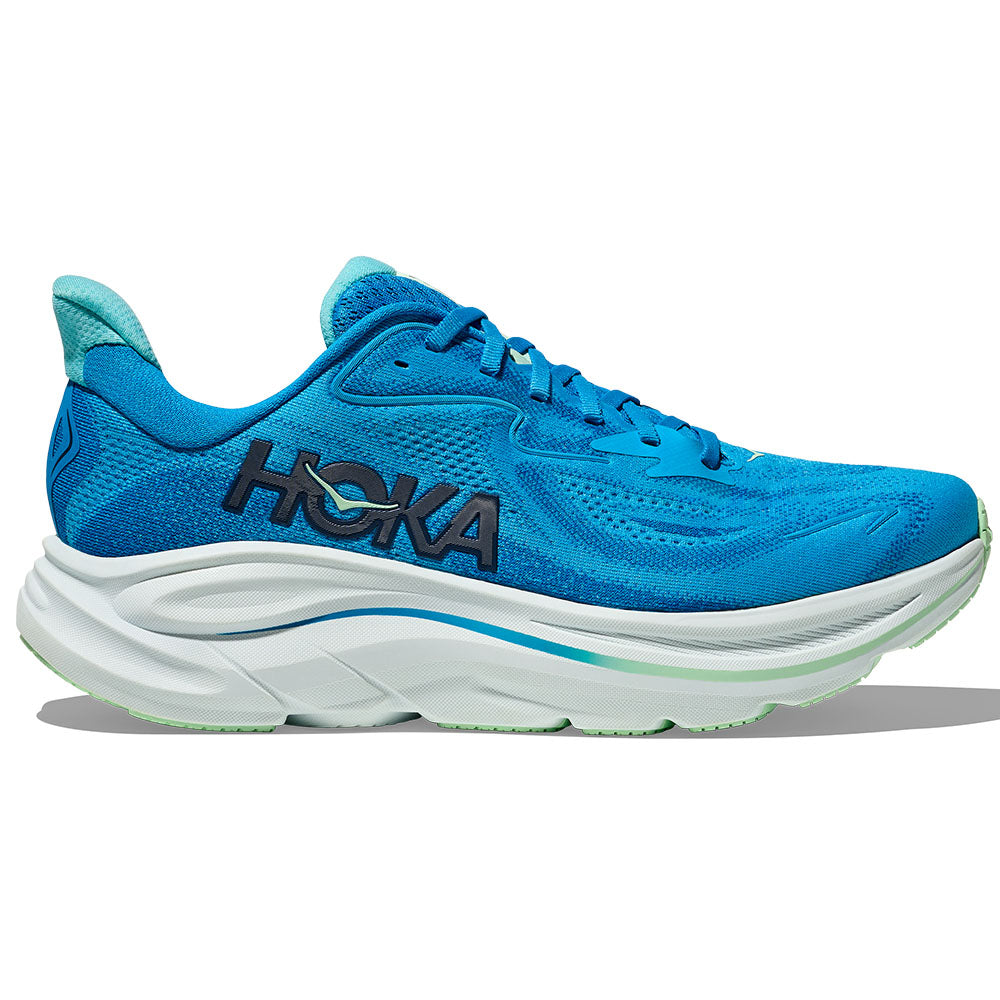Side view on white background of Mens Hoka Clifton running shoe in Hoka Blue/Skyward Blue, Medium (Regular) width