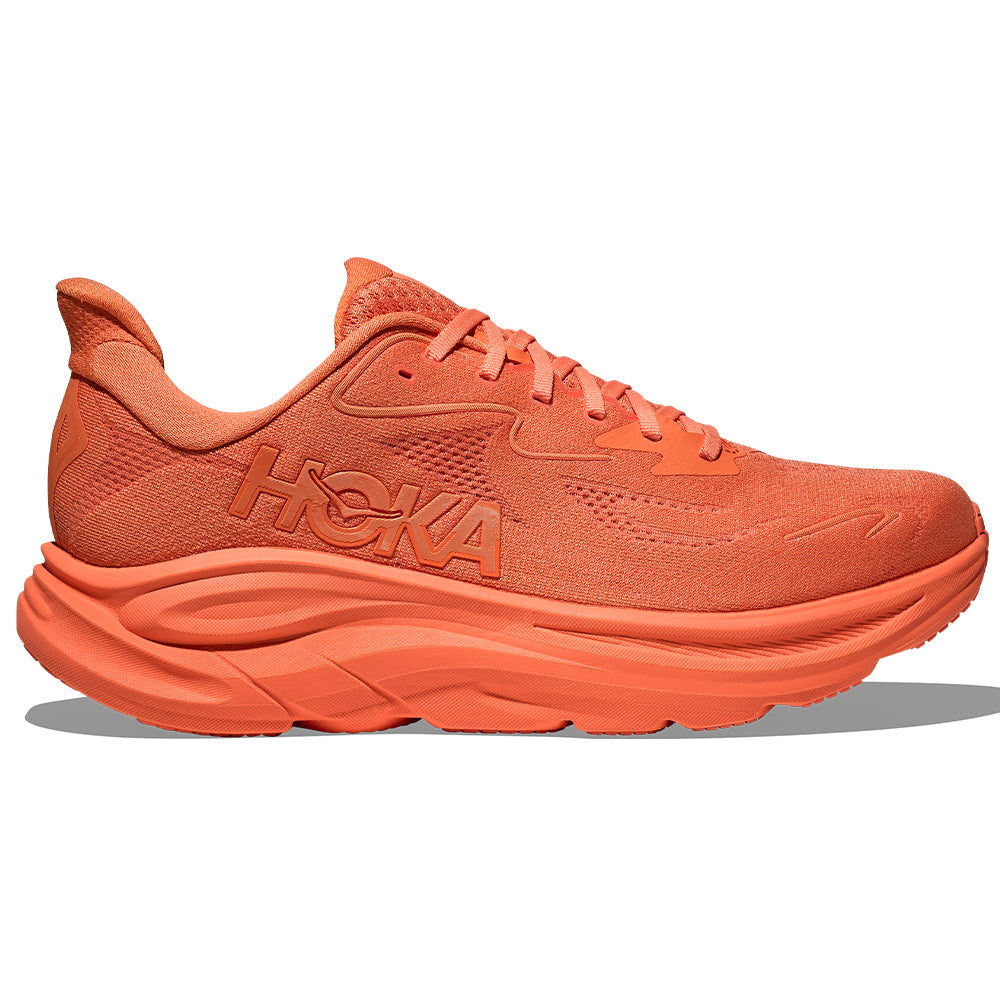Side view on white background of Mens Hoka Clifton running shoe in Persimmon/Persimmon, Medium (Regular) width