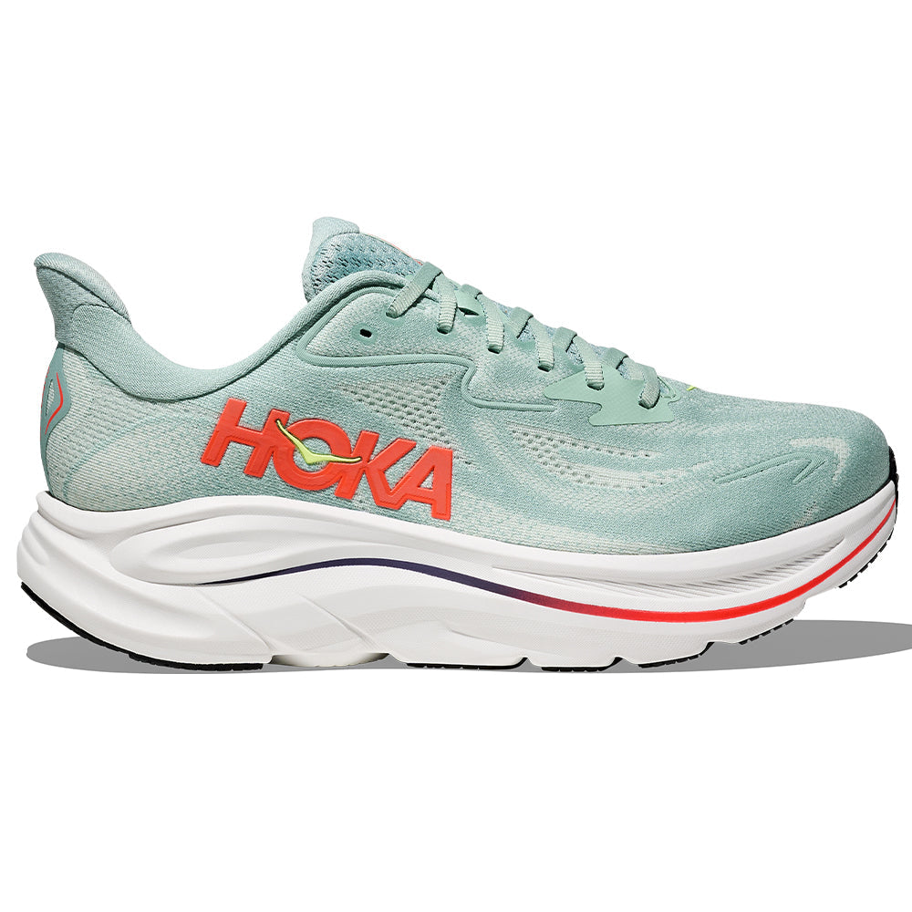 Side view on white background of Mens Hoka Clifton running shoe in Sage/Neon Flame, Medium (Regular) width