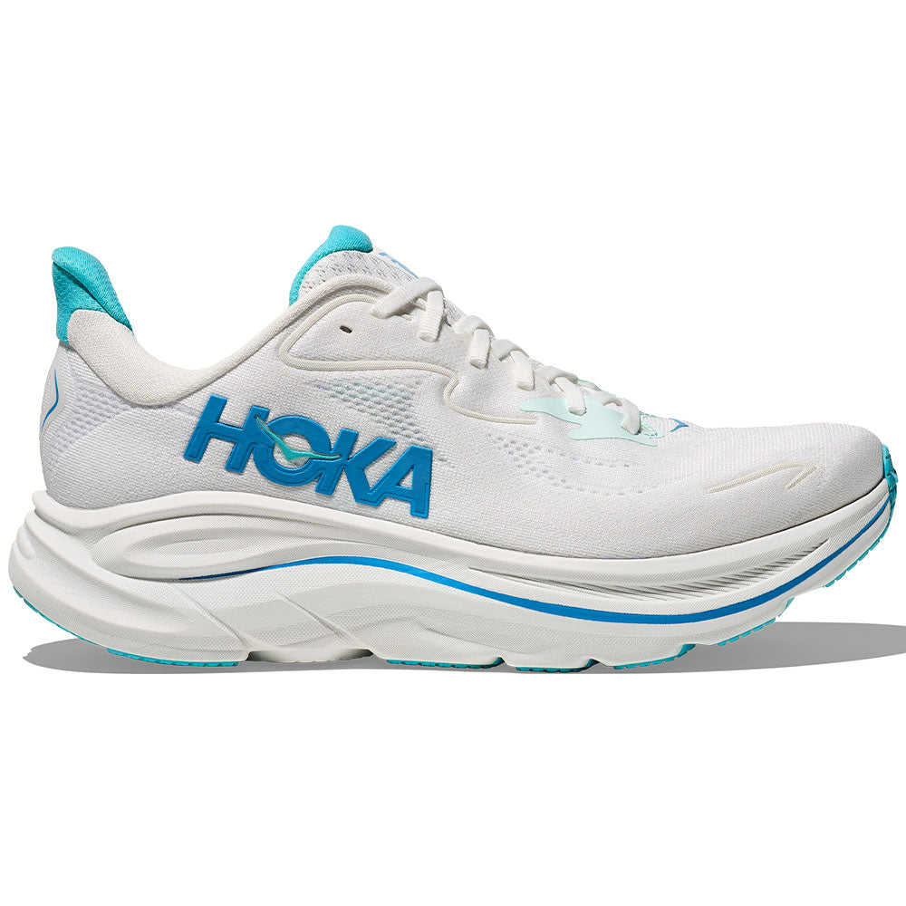 Side view on white background of Mens Hoka Clifton running shoe in White/Skyward Blue, Medium (Regular) width