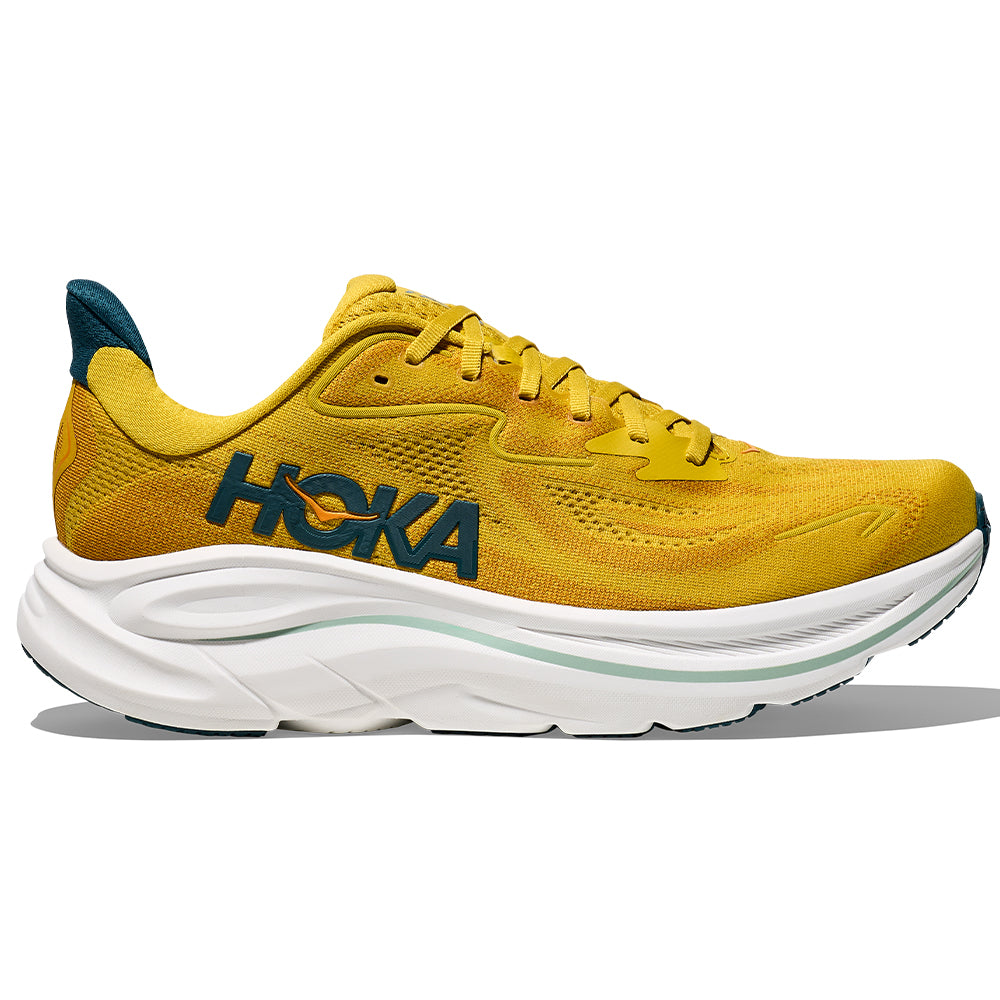Side view on white background of Mens Hoka Clifton running shoe in Yellow Gold/Tidal Wave, Medium (Regular) width