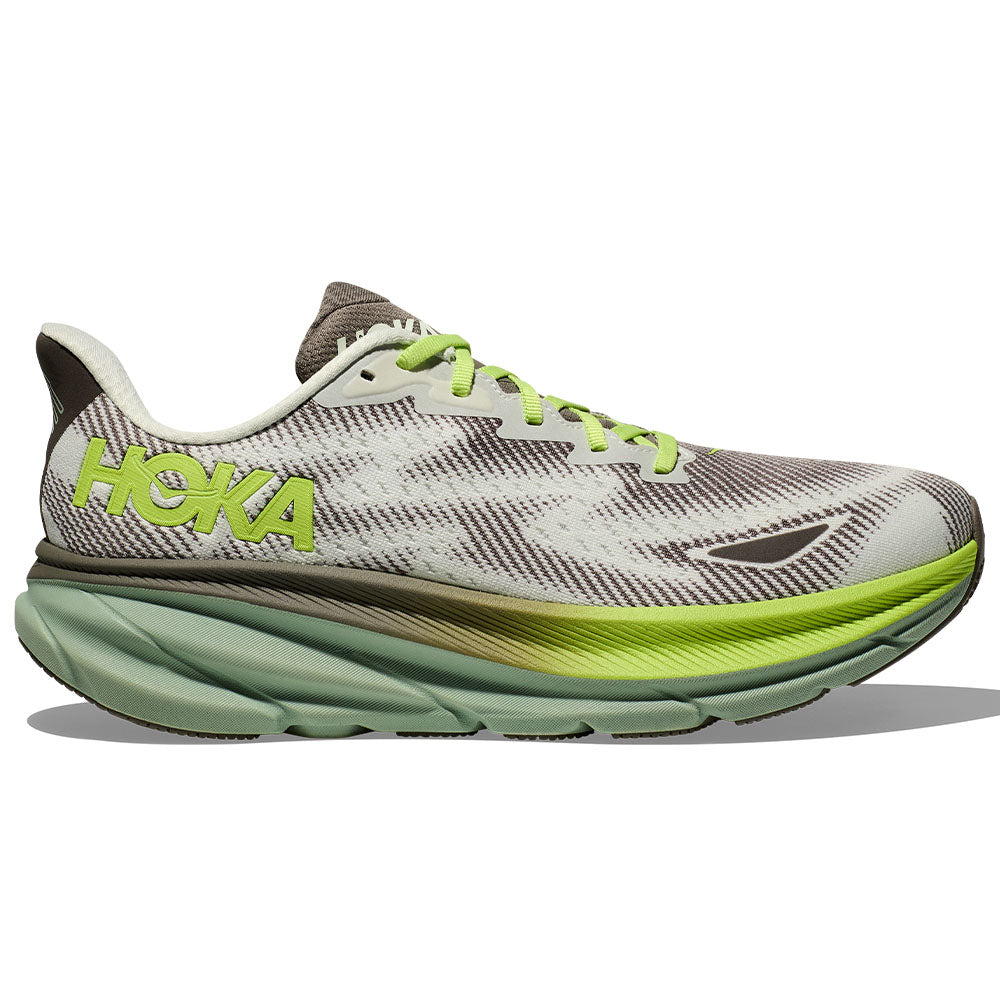 Side view on white background of Mens Hoka Clifton running shoe in Slate/Aloe Vera, Medium (Regular) width