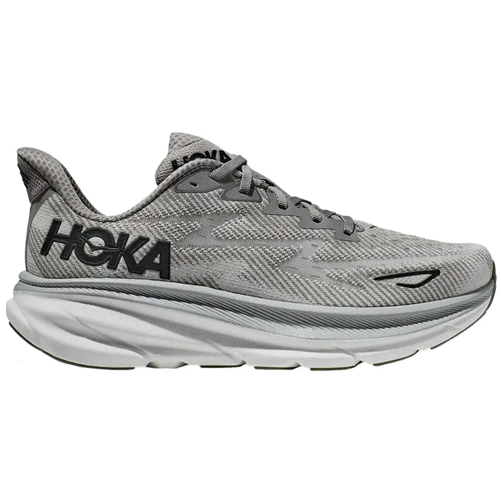 Side view on white background of Mens Hoka Clifton running shoe in Harbor Mist/Black, Medium (Regular) width