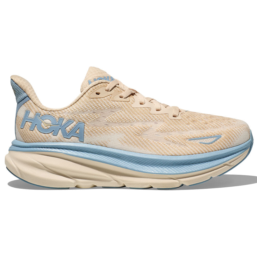 Side view on white background of Mens Hoka Clifton running shoe in Oak/Alabaster, Medium (Regular) width
