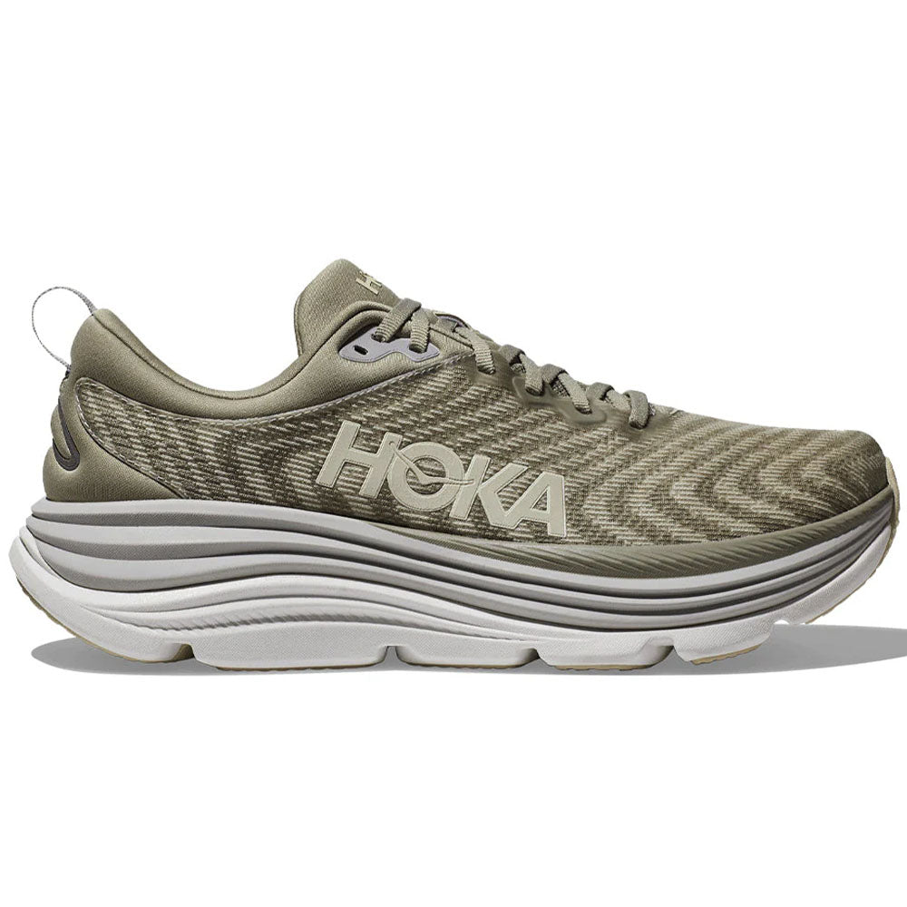 Side view on white background of Mens Hoka Gaviota running shoe in Barley/Oat Milk, Wide width