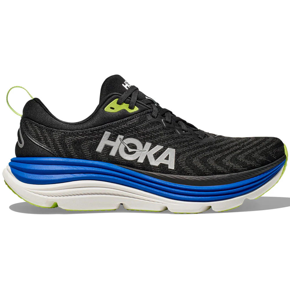 Side view on white background of Mens Hoka Gaviota running shoe in Black/Electric Cobalt, Medium (Regular) width
