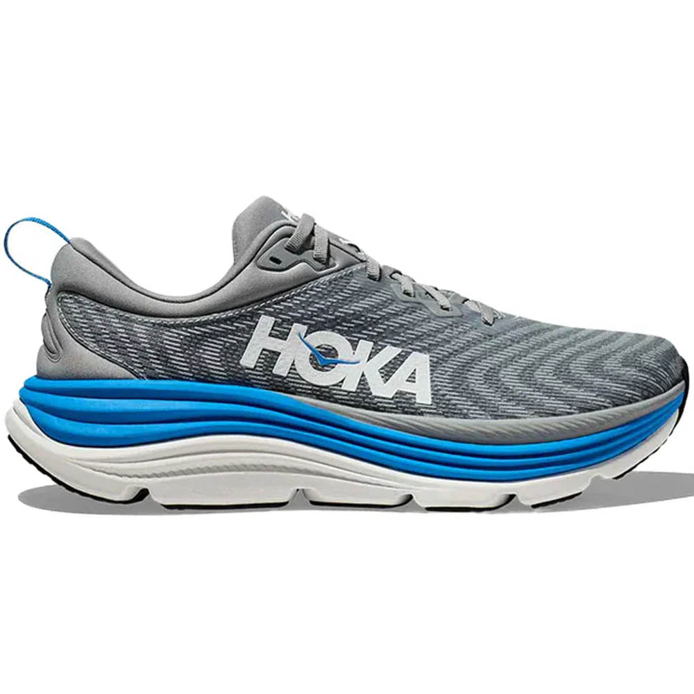 Side view on white background of Mens Hoka Gaviota running shoe in Limestone/Diva Blue, Wide width