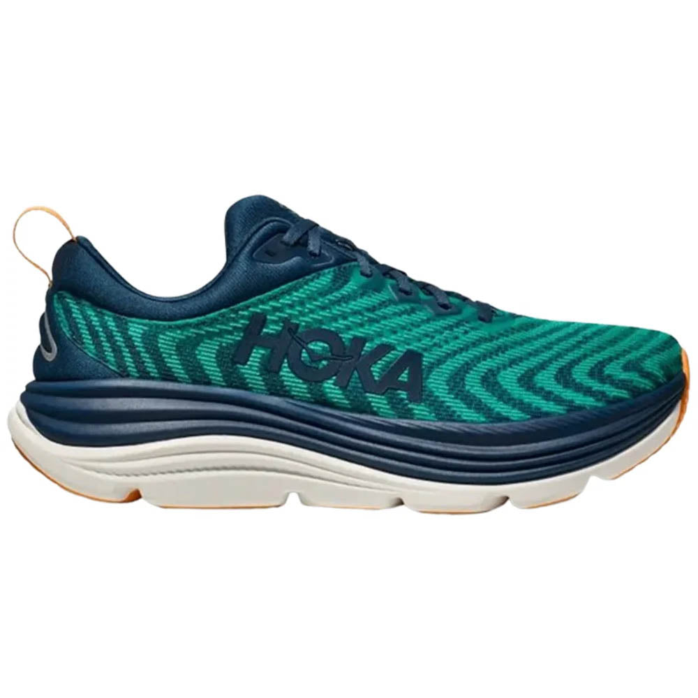 Side view on white background of Mens Hoka Gaviota running shoe in Midnight/Oceanic, Medium (Regular) width